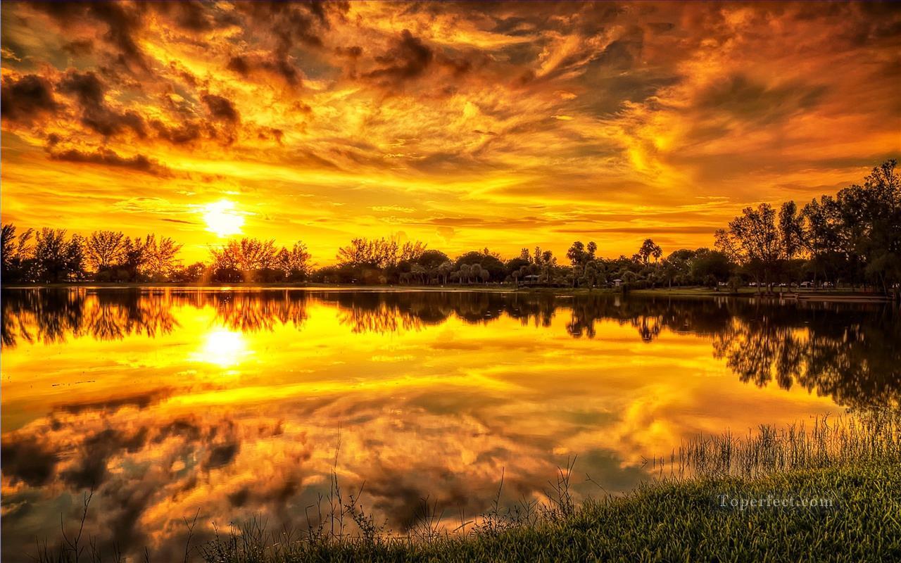 日の出のゴールデンクラウズ湖の風景画 写真からアートへ油絵
